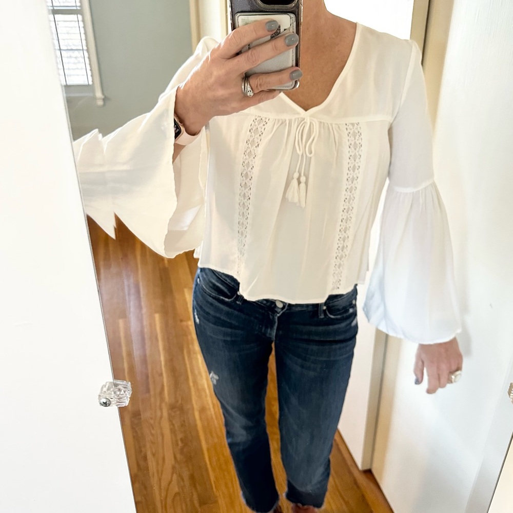 Garage White Boho Peasant Blouse | Lace Detail Bell Sleeves - Picture 6 of 11